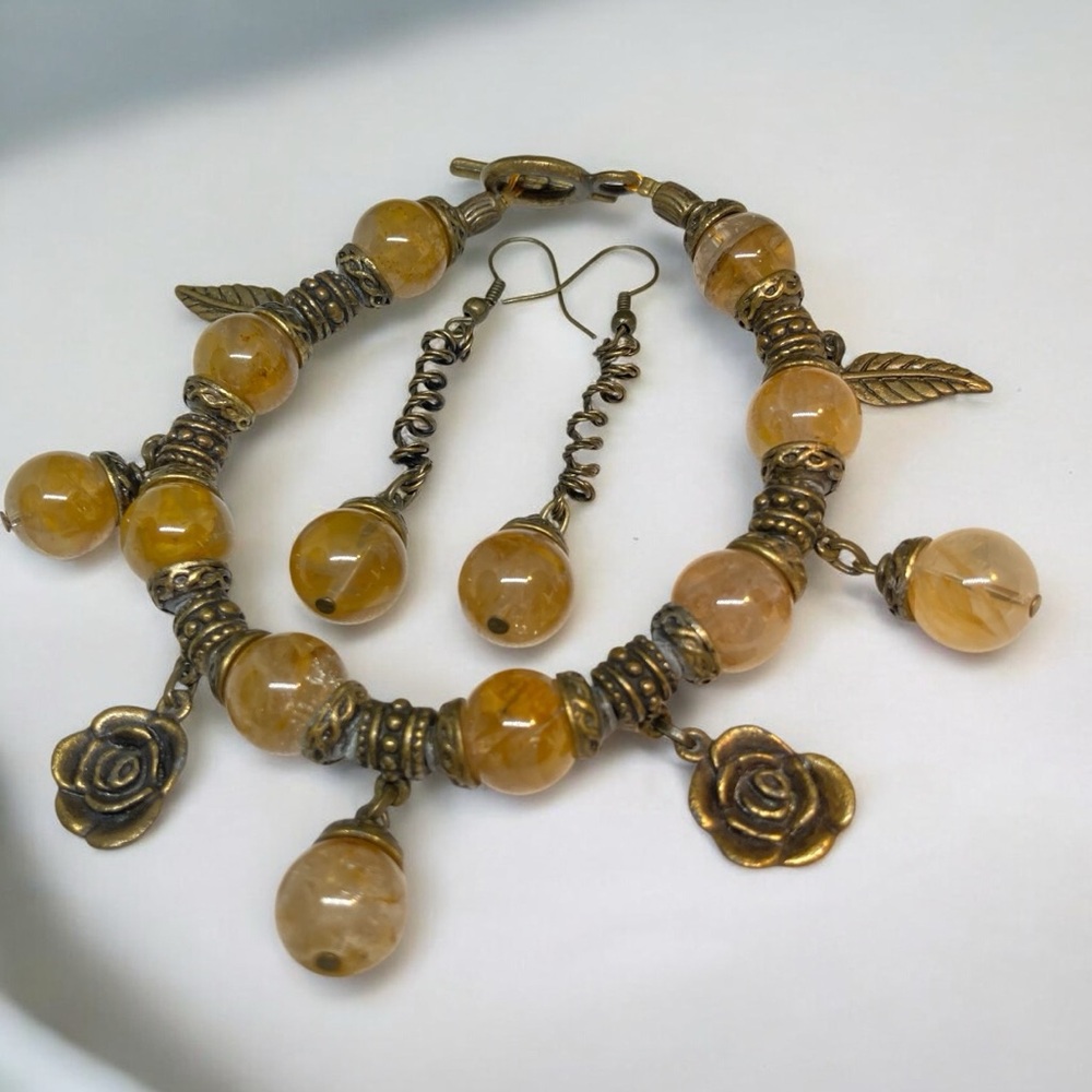 VTG Antiqued Brass & Polished Stone Bead Dangle Bracelet & Earrings